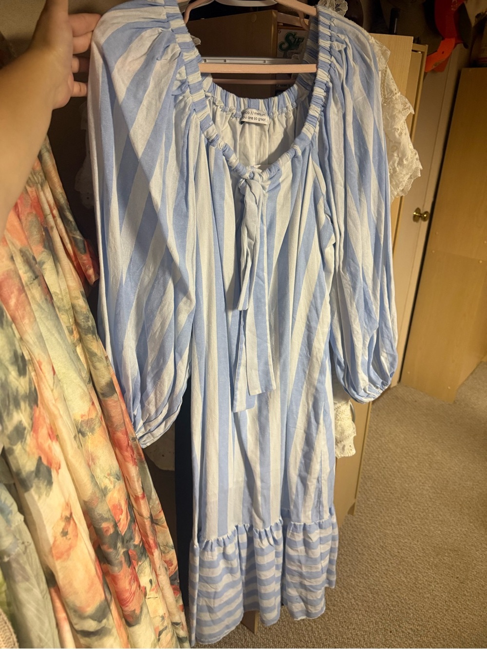 Light Blue & White Striped Women’s Peasant Midi Dress